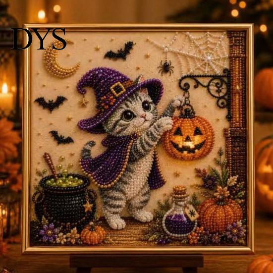 Halloween Party Supplies Cat Faux Pearl Painting Art Kit, Spooky 3D Beads Crafting Kits for Beginners Crafts, Cute Witch Gem Wall Adults, Craft Lovers