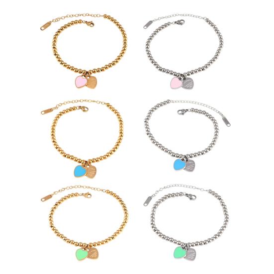 Women Beaded Enamel Bracelet Adjustable Length Heart Charm Titanium Steel Bracelet Stress Relief Happiness Meaningful Jewelry