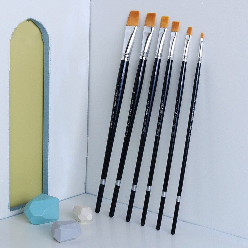 JOWOART 6 Pezzi Fornitura per Artisti Manico Lungo in Betulla Capelli in Nylon Testa Piatta Pennello per Pittura Guazzo Acquerello Acrilico Set di Pennelli per Pittura Materiali per Arte