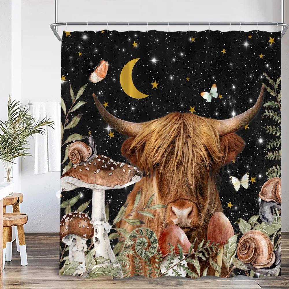 Lustige Badetiere Duschvorhänge Hochlandrinder Kuh Badewanne Druck Badezimmerdekorationen Cartoon Polyester Badvorhang