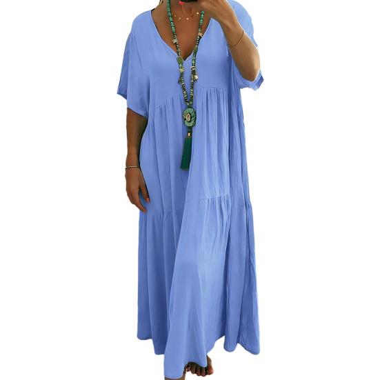 Summer Cotton Linen Dress for Women Oversized Loose Beach Sundress Short Sleeve V Neck Casual Flowy Long Dress