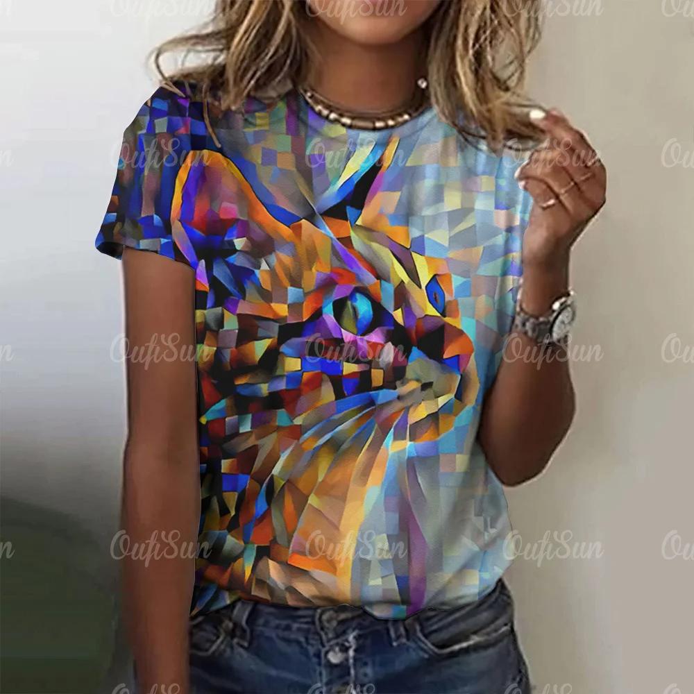 

Летний топ с круглым вырезом и принтом 3D Cat, модные повседневные женские футболки с короткими рукавами XS