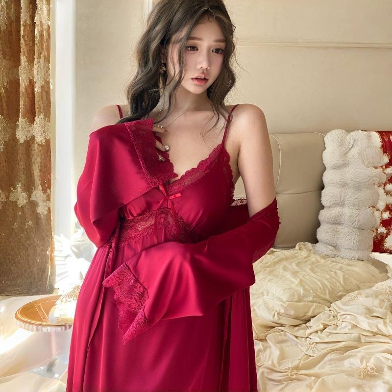 Long ice silk French female sexy lace pajamas spring and summer thin silk suspender pajamas two-piece set