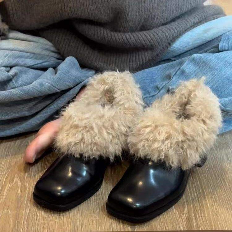 Cowhide version~ Square head fluffy shoes with fleece to keep warm retro Mary Jane small leather shoes thick heel single shoes temperament high heels