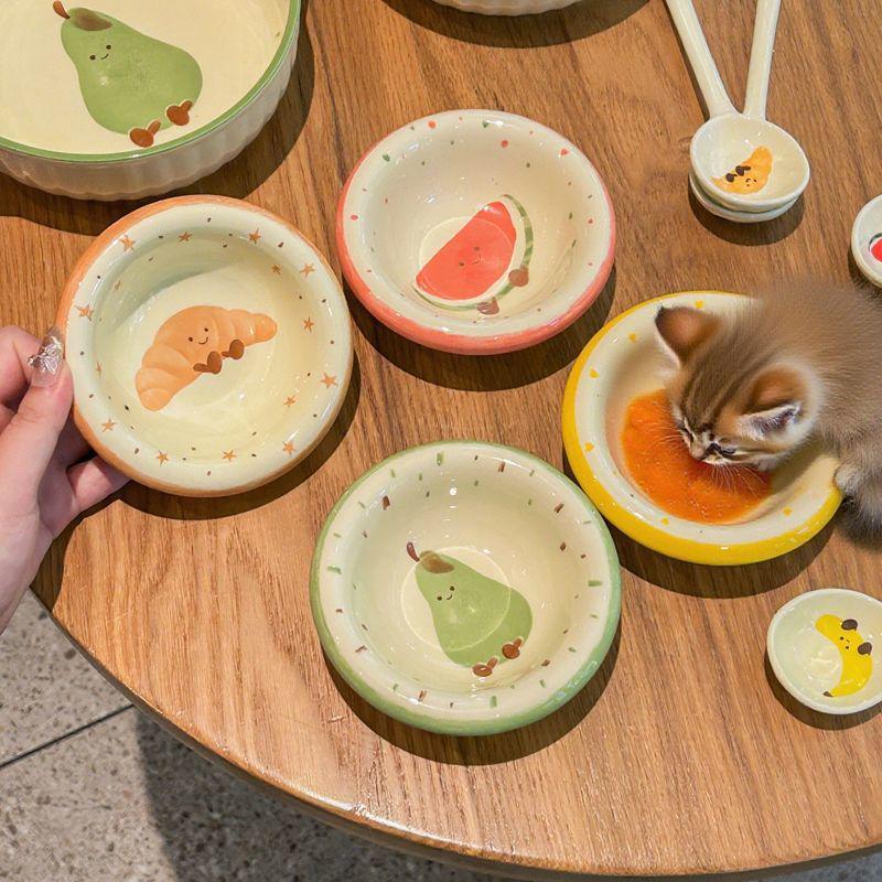 Mini Cartoon Ceramic Cat & Dog Bowl - Anti-Spill Design, Cute Pet Dish