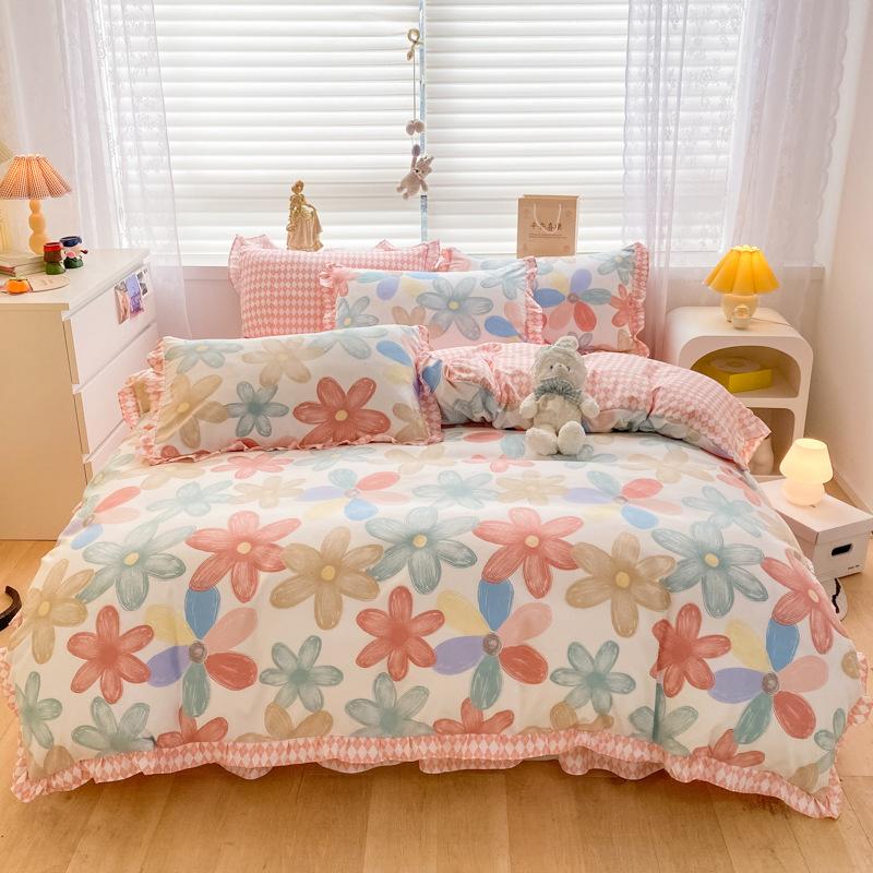 Korean Style Bed Skirt Four-piece Set Pure Cotton Edge Bed Sheet Thickened Plant Cashmere Brushed Skin-friendly Bedding
