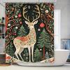 Elegant Deer with Floral Pattern Christmas Shower Curtain, Black Background with Red Branches and Ornaments,Bathroom Decor