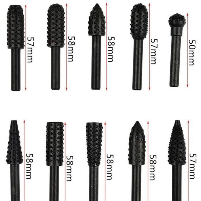 Set of Rasps for Wood - DLZAOAO - 10 Pieces - CC45 Steel - Length 58 Mm - Diameter 12 Mm