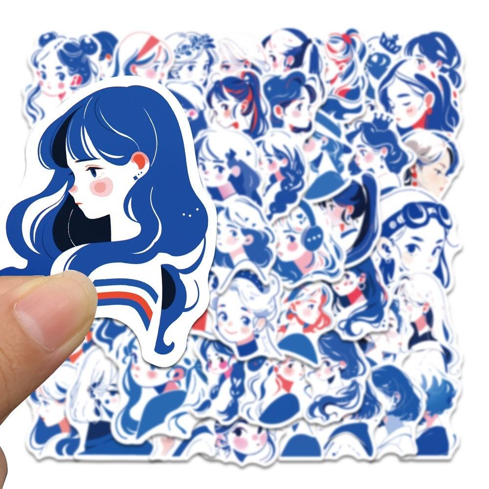 50-Piece Original Blue Line Art Girl Cartoon Stickers - Waterproof Decals for Phone Cases, Guitars, Helmets & Water Cups
