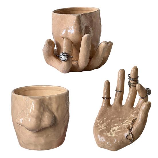 Nose Picking Mug Funny Nose Mug with Finger Handle Ceramic Storage Cup with Sculpted Hand Plate Ring Holder for Home Office Decoration Gift
