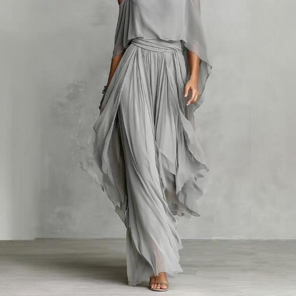Nuovo Arrivo Set Completo da Donna con Top Bardot in Chiffon e Pantaloni a Gamba Larga Grigio Outfit Moda Irregolare per Crossbody Europeo Americano
