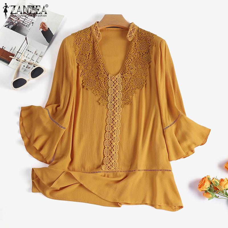 

ZANZEA Женская летняя кружевная лоскутная блузка с v-образным вырезом и рукавами 3/4 в стиле пэчворк