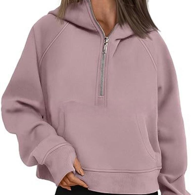 Autumn and Winter Zipper Casual Loose Hoodies Women Tops Fashion Solid Long Sleeve Crop Sweatshirts Women Pocket Simple Office Ladies Hooded 25179
