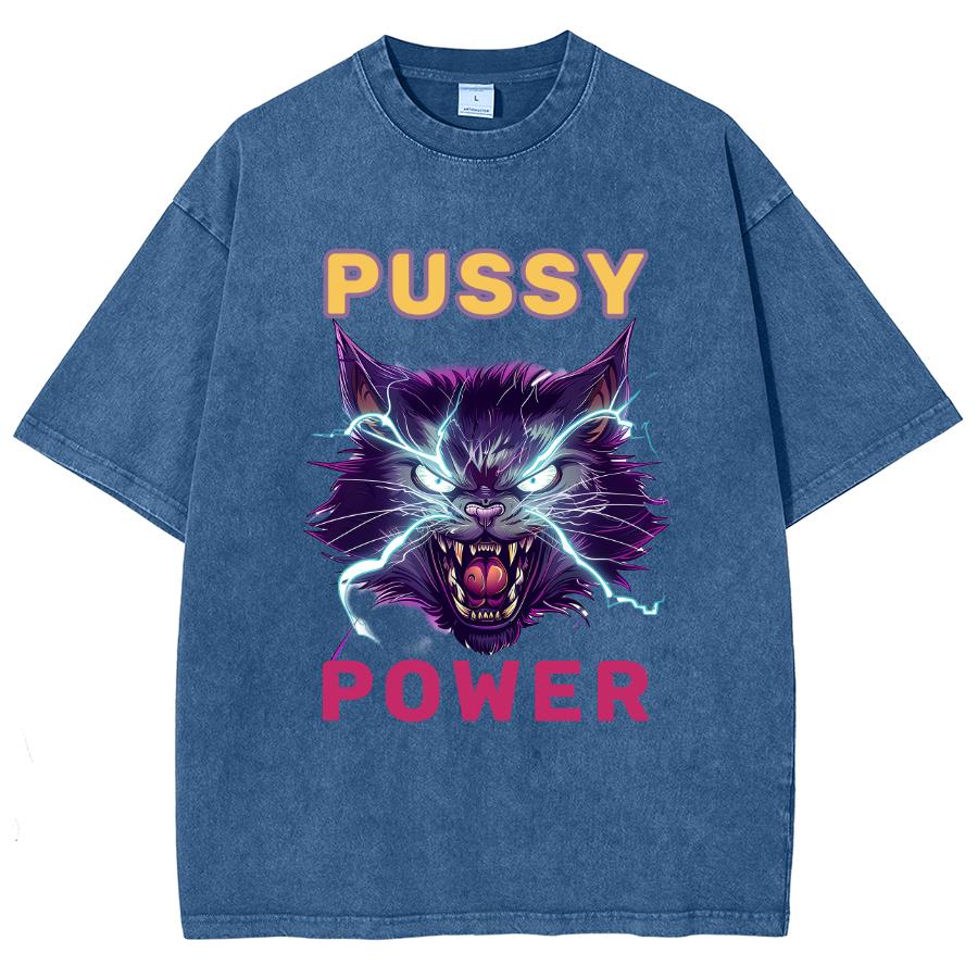 Power Cat Print Wash Women's T-Shirt Oversized Y2K Trend Hip Hop Retro Short Sleeve Harajuku Casual Top Summer