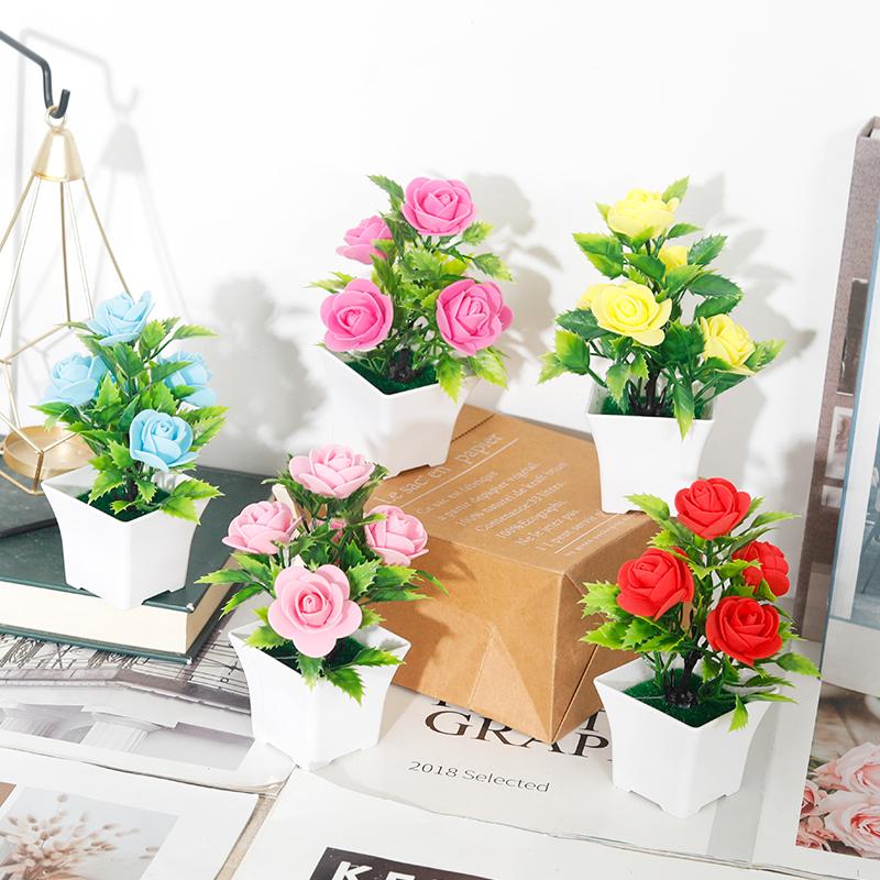 Artificial Plants Small Bonsai Home Christmas Wedding Decoration Fake Flowers Rose Potted Ornament Office Garden Desk Accessory