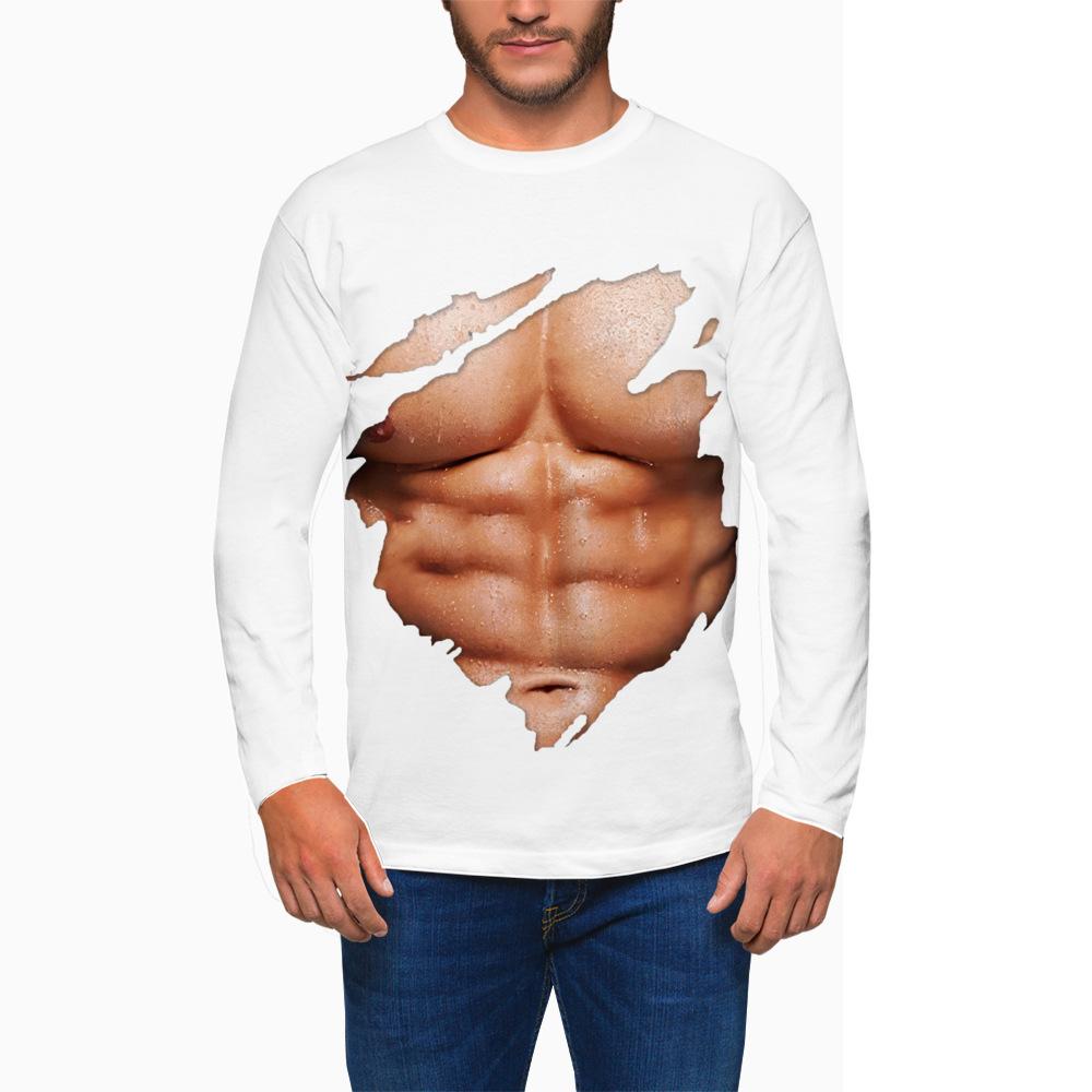 Spring and Autumn Round Neck Simulated Muscle Pattern 3D Printed Top Fashionable Casual Long Sleeved Men's T-shirts