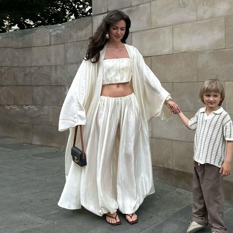 

H Home European and American Women s Clothing Street Loose Feeling Low Waist Loose Pure Color Satin Bud Pants Ins Casual Bloomers Creamy-white pants S