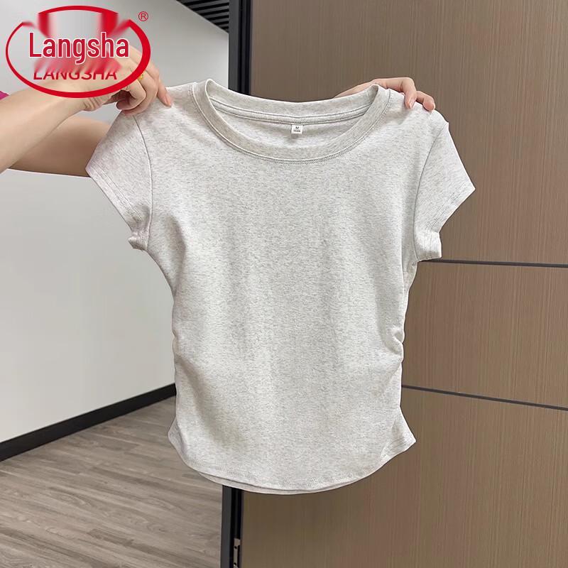 Langsha Women's Summer Slim Fit Cropped Ruched Flutter Sleeve T-shirt