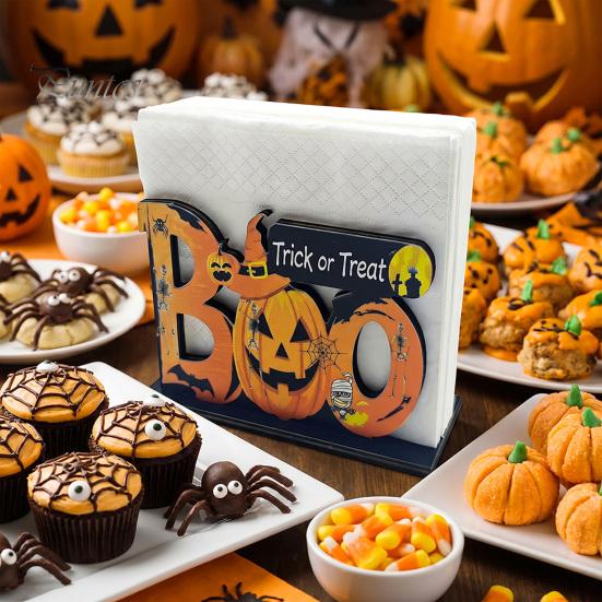 Fall Table Decor Halloween Wooden Napkin Holder, Ghost Pumpkin Decorative Tabletop Tissue Dispenser, Square Storage Box Paper Organizer for