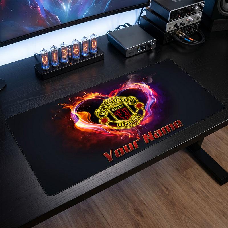 Manchester United Custom Large Mouse Pad, Personalized Name Text Print, Football Logo Non‑Slip Desk Mat Gaming Gift