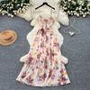 French Holiday Style V-neck Floral Suspender Dress Women's Summer Lace Waist Thin Dress New