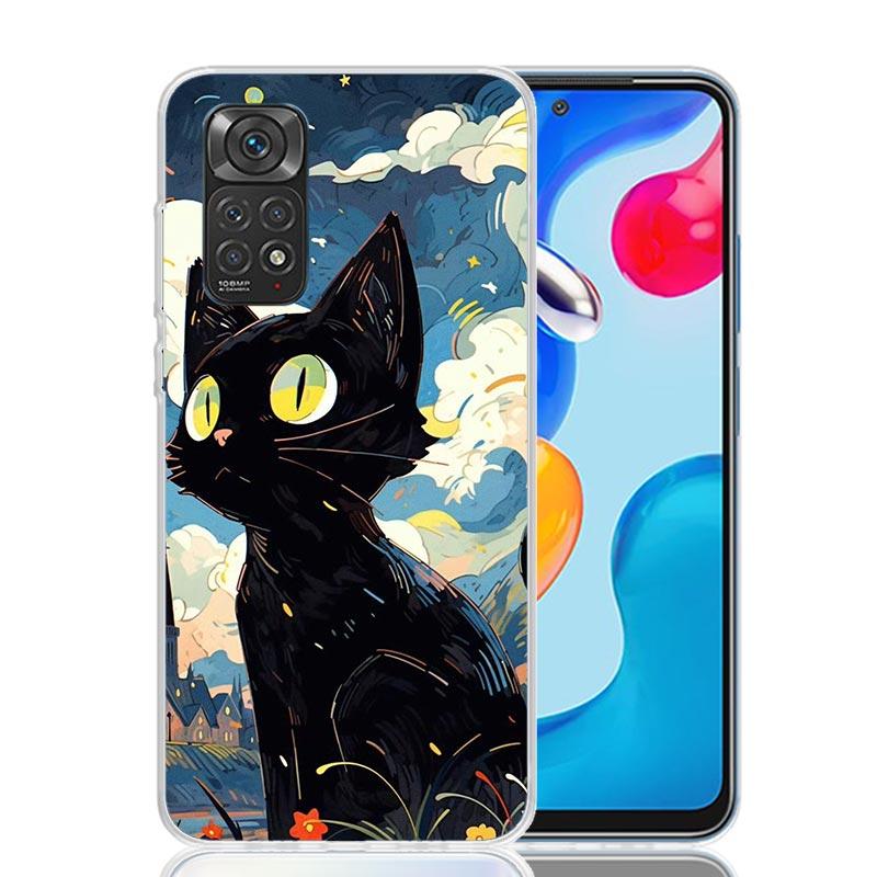 Anime Cute Black Cat Meow Phone Case For Xiaomi Redmi Note 15 14 13 12S 12 Pro Plus 11S 11E 11 11T 10S 10 Art Soft Pattern Cover