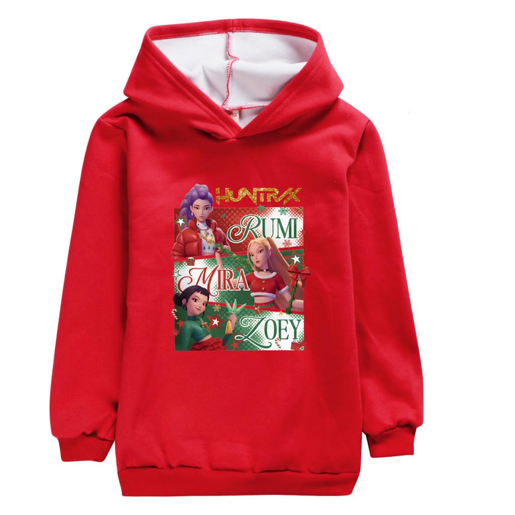 5181 Kids Girls Christmas New Year Kpop Rumi Zoey Mira Print Casual Long Sleeves Velvet Warm Winter Hoodie