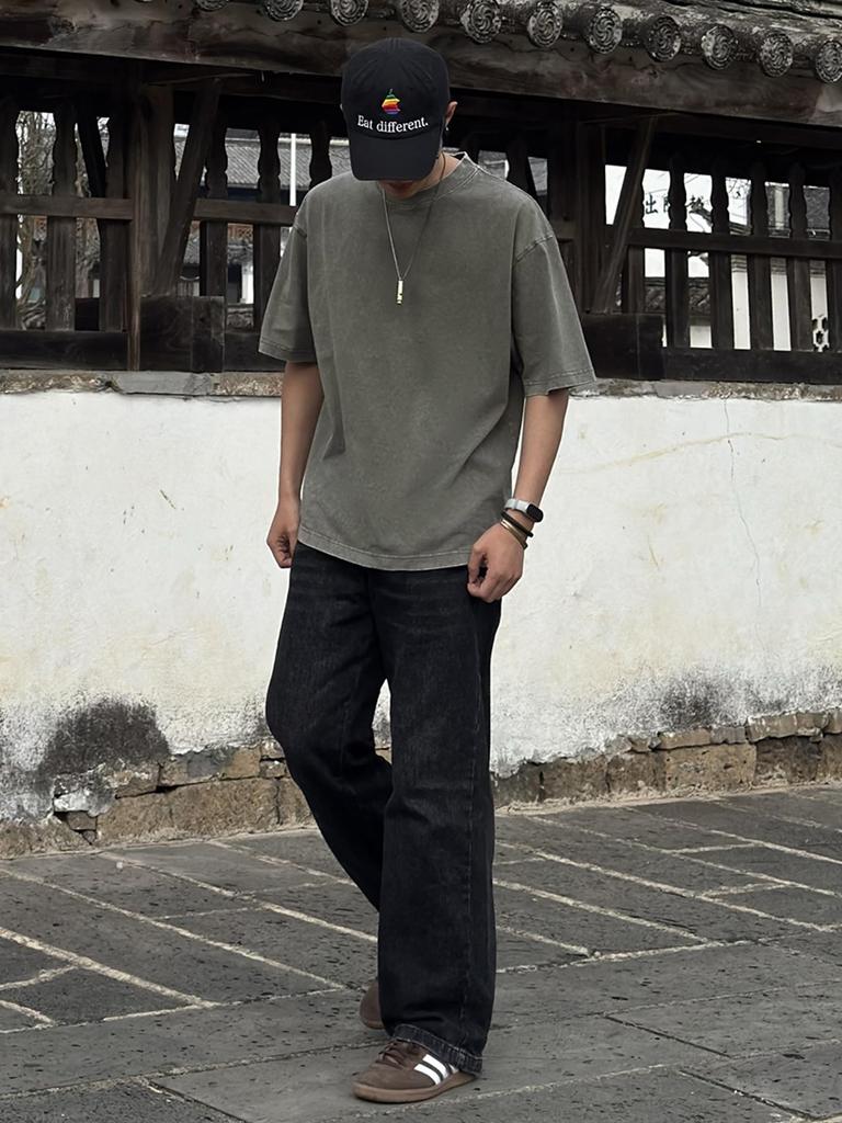 2025SS Fashion 8oz Clothes [CHANGE WELL] Men's Vintage-style Spring/Summer [Washed] Short-sleeved T-shirt Cut-and-sew (GREEN, L)