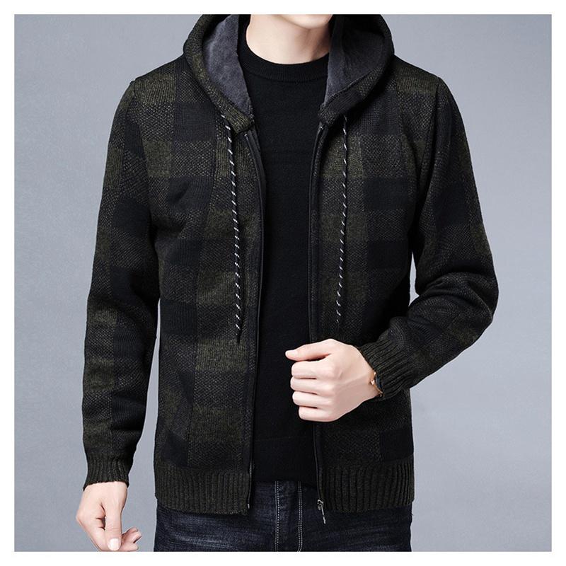 Herren Herbst- und Winter Verdickte und Gefütterte Kapuzen-Plaidjacke Lässig Bequem Gutaussehend Strickwaren Oberbekleidung