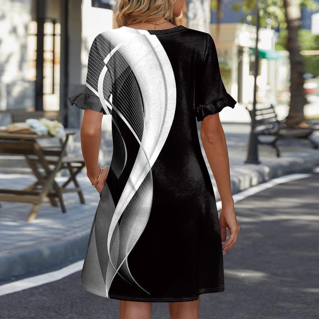 Robe d'été trapèze pour femme à manches courtes et col en V imprimée avec poches