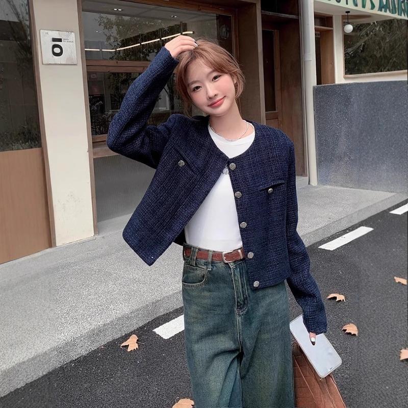 

Women s Navy Tweed Cropped Jacket, Round Neck Button Down Short Coat Elegant Casual Outerwear XS тёмно-синий