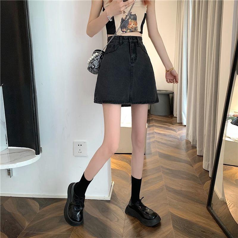 Classic Versatile Youthful Black and Gray High-waisted Bustier Skirt Versatile Skinny Package Hip A-line Ladies Summer Fashion Denim Short Skirt