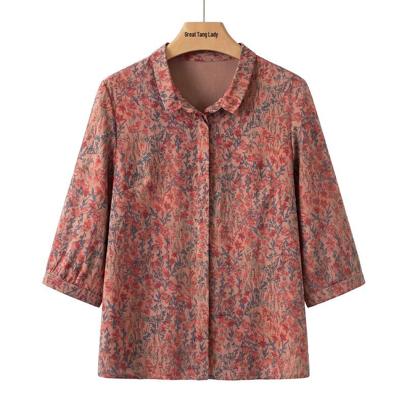 Yuzhaolin Grandma s Spring Floral Print 3/4 Sleeve Loose Shirt 2XL (110-125 lbs)