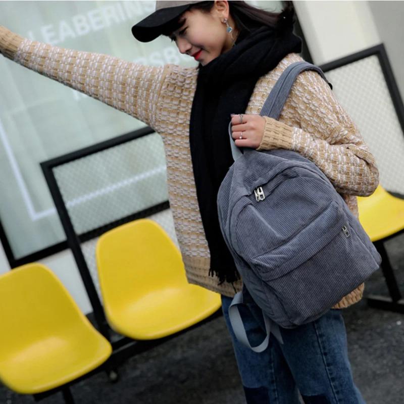 New Trend Backpack Fashion Women Corduroy Backpack College Solid Color Travel Shoulder Bags