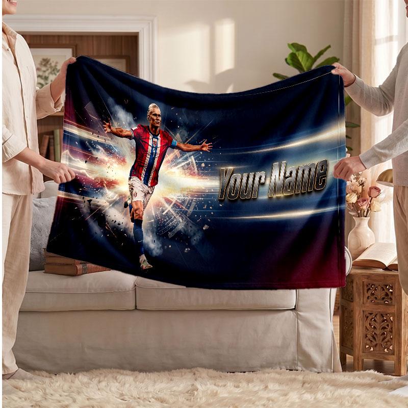 Erling Haaland Personalized Fleece Blanket With Football Logo, Custom Name Text Soft Warm Home Throw Blanket