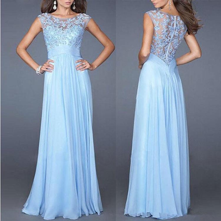 2025 European & American Slim-fit Evening Gown – Light Blue Lace Patchwork Chiffon, Back Zipper, 10 Colors Available