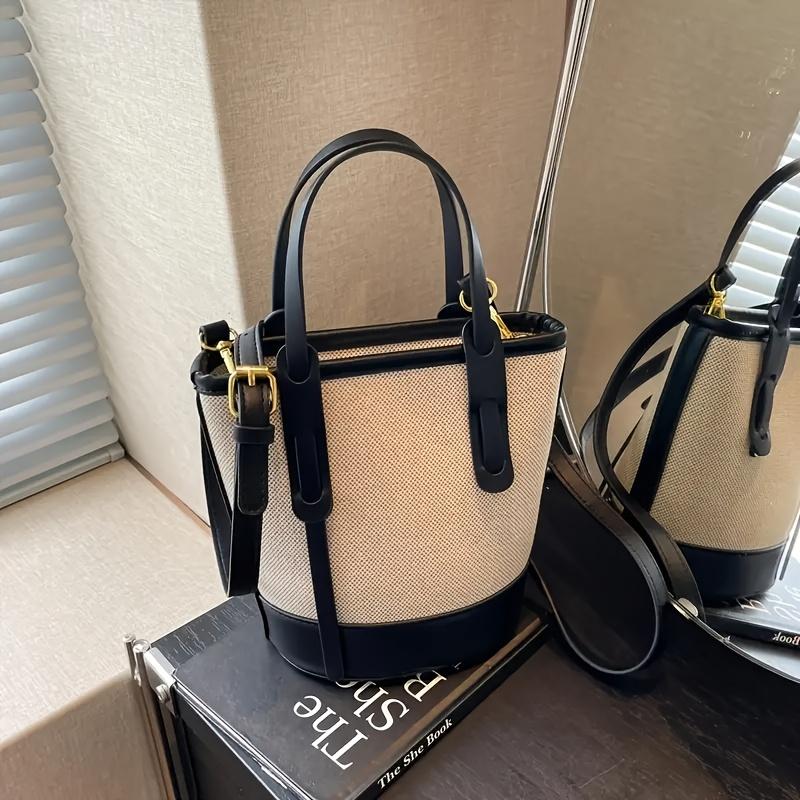 Chic Minimalist Two Tone Bucket Bag, Canvas & Leather Tote Bag, Convertible Strap Crossbody Bags for Commute & Casual Outings