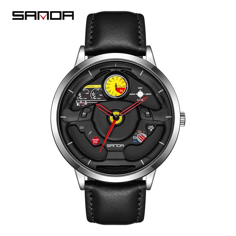 SANDA Men's Watch Hollow Quartz Watch Steering Wheel Quartz Watch Cool Casual Personality Waterproof Quartz Watch
