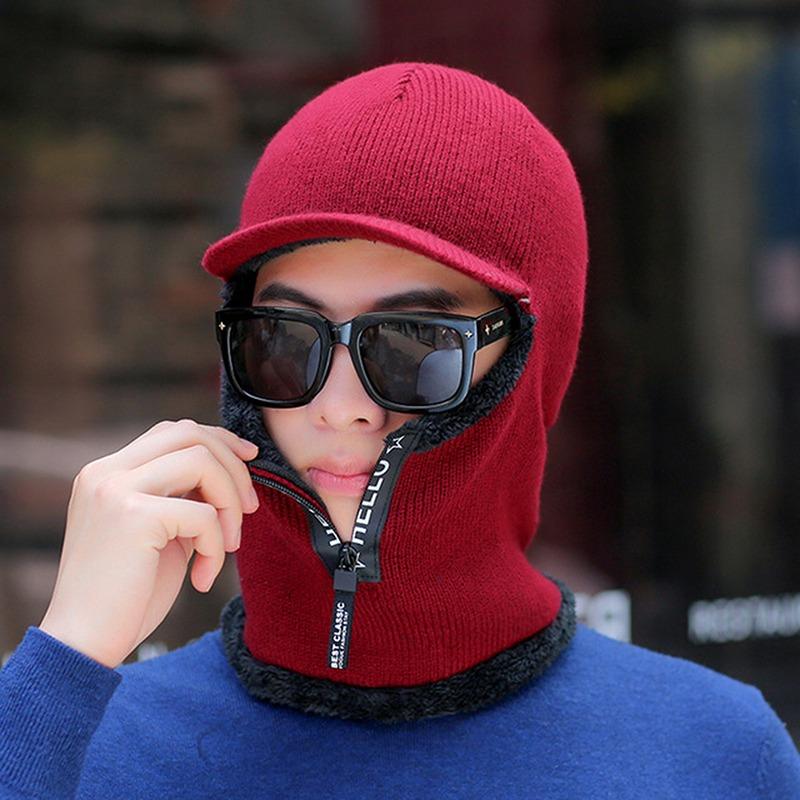 

Men Winter Knitted Hat With Zipper Outdoor Face Ear Protection Warm Thick Bicycle Cap Scarf Windproof Visors Cap Balaclava Cap Free Size вина червоного кольору