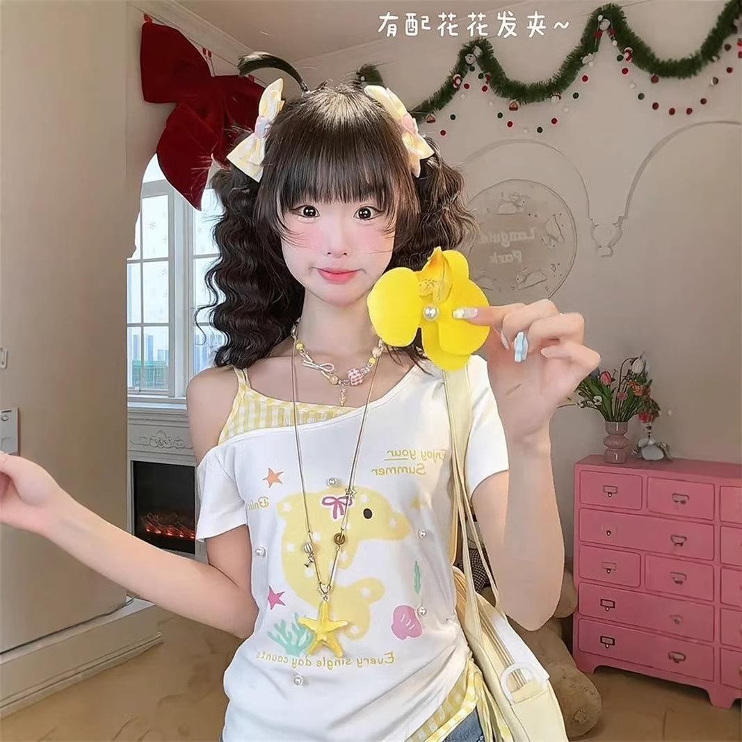 Sweet Flower Bow Fake Two Piece Slash Shoulder Short Sleeve T-Shirt Women s Summer Dopamine Off-Shoulder Skinny Short Top S