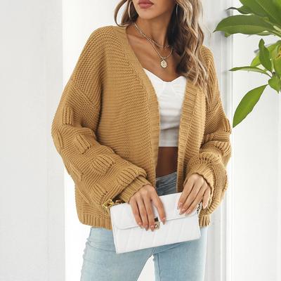Women's Europe and United Soft Fashion Knitted Cardigan Casual Retro Wild Lantern Sleeve Sweater Loose Solid V-neck Long Sleeve Jumper Cardigan