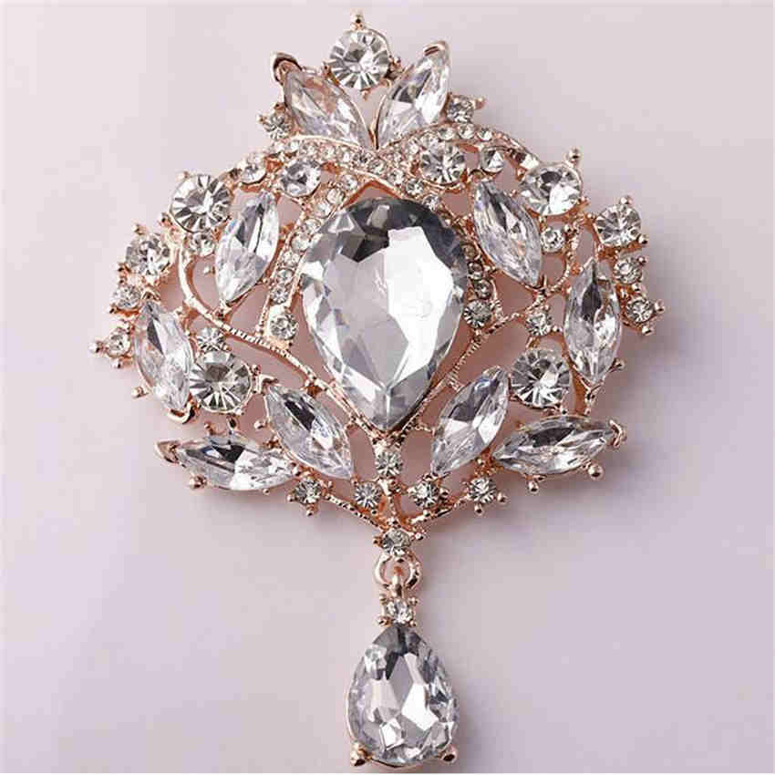 Fashion Females Glass Teardrop Pendant Gorgeous Flower Shape Large Drop Brooch Pin