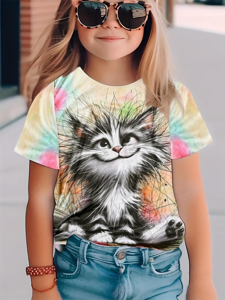 New Summer Girls Clothes Cartoon Cute Cat Graphic T Shirt Short Sleeve Tops for Girls Casual Children's Clothing