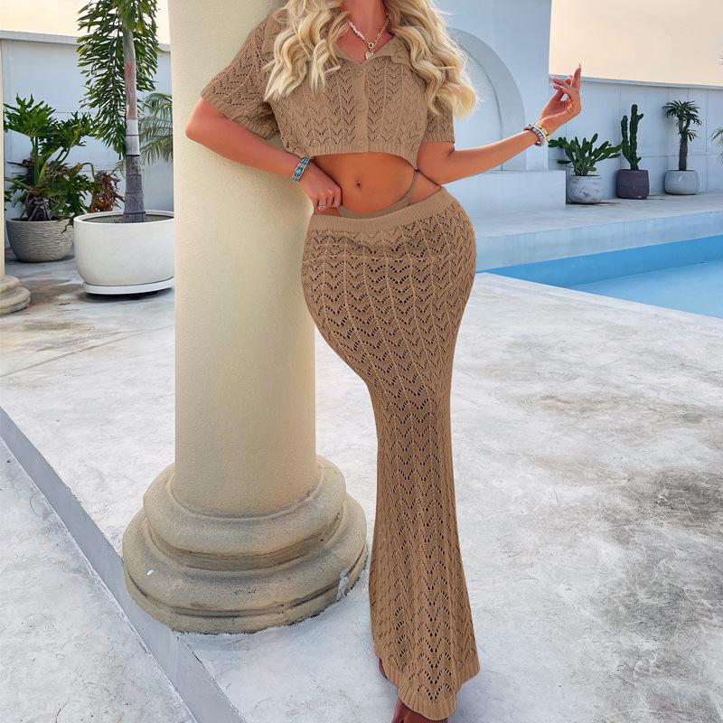 European & American Two-Piece: Short-Sleeve Shirt and Super Long Skirt Cardigan - Slimming, Sexy, Holiday Hollow Fashion Cover-up