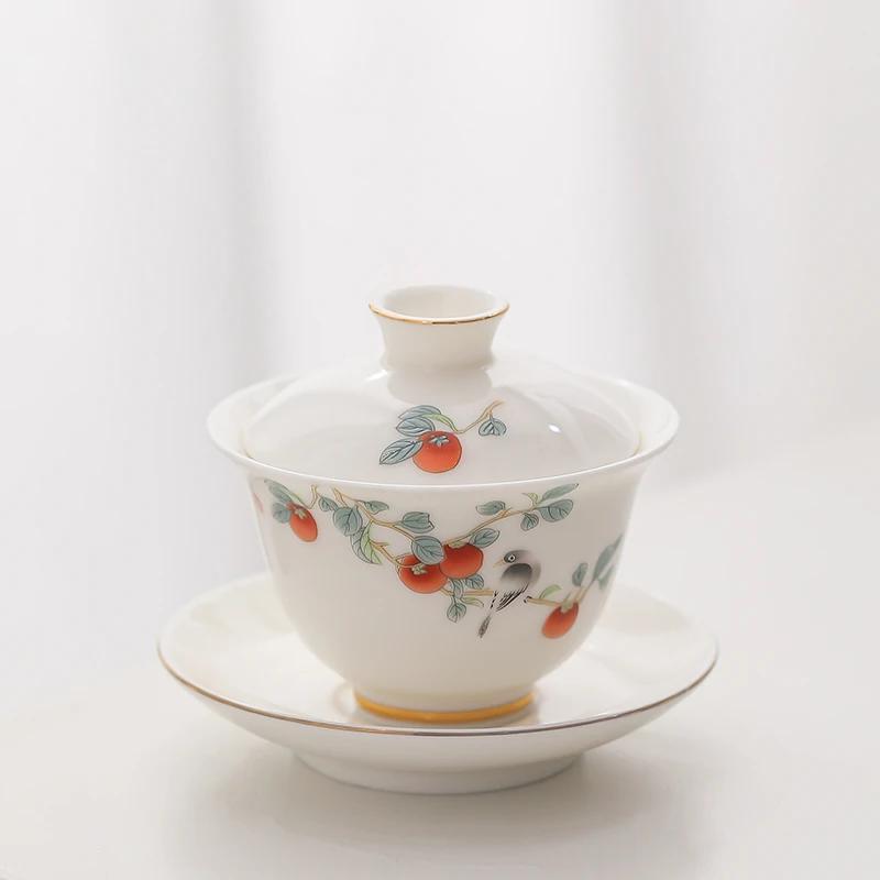 Chinese Suede Jade White Porcelain Tea Tureen Teacup Travel Portable Gaiwan Handmade Ceramic Tea Bowl Tea Set Accessories