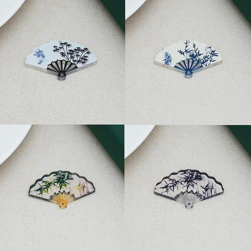 10Pcs Chinese Style Vintage Bamboo Printed Fan Charms For Earrings Keychain Diy Pendant Jewelry Making Material Accessories