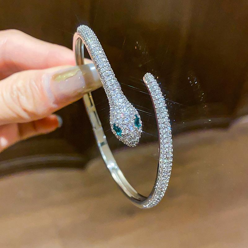 Elegant Retro Zirconia Snake Gold-Plated Open Bangle for Women