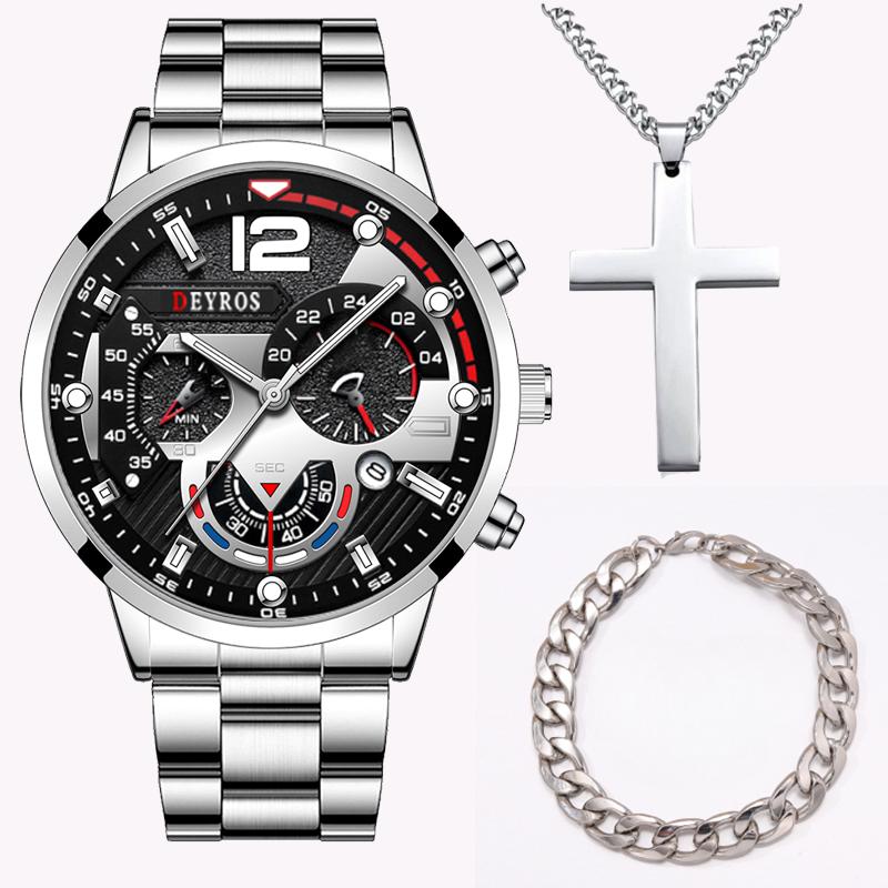 3 stk/sett, 1 stk Herre Quartz Armbåndsur & 1 stk Armbånd & 1 stk Halskjede Sett, Ideelt Valg for Gaver Til Menn