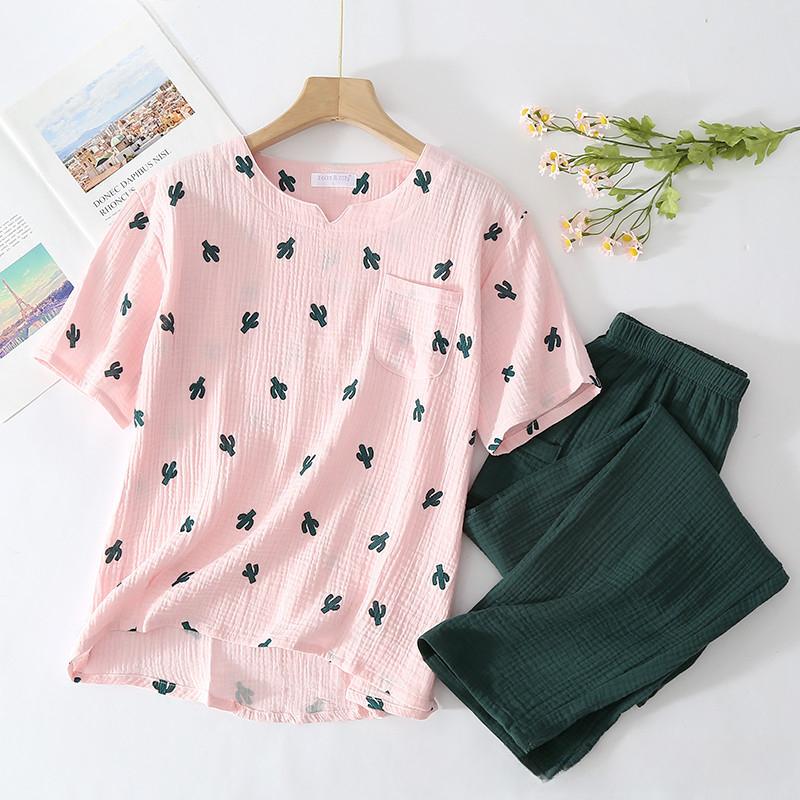 New Japanese Style Spring and Autumn Ladies Cotton Crepe Cloth Long-sleeved Trousers Pajamas Cactus Comfortable Home Service