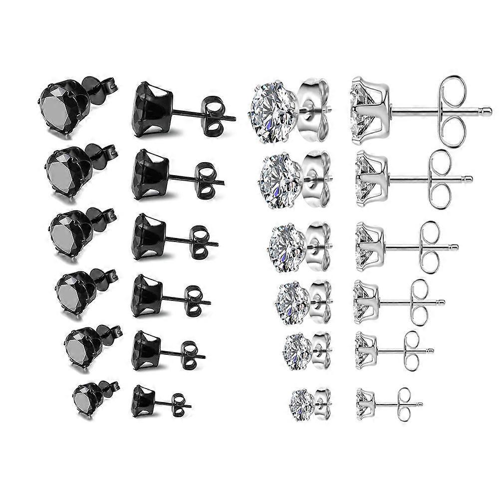 Stainless Steel Mens Womens Stud Earrings Black and Silver Round Cubic Zirconia Inlay, 12 Pairs 3mm - 8mm